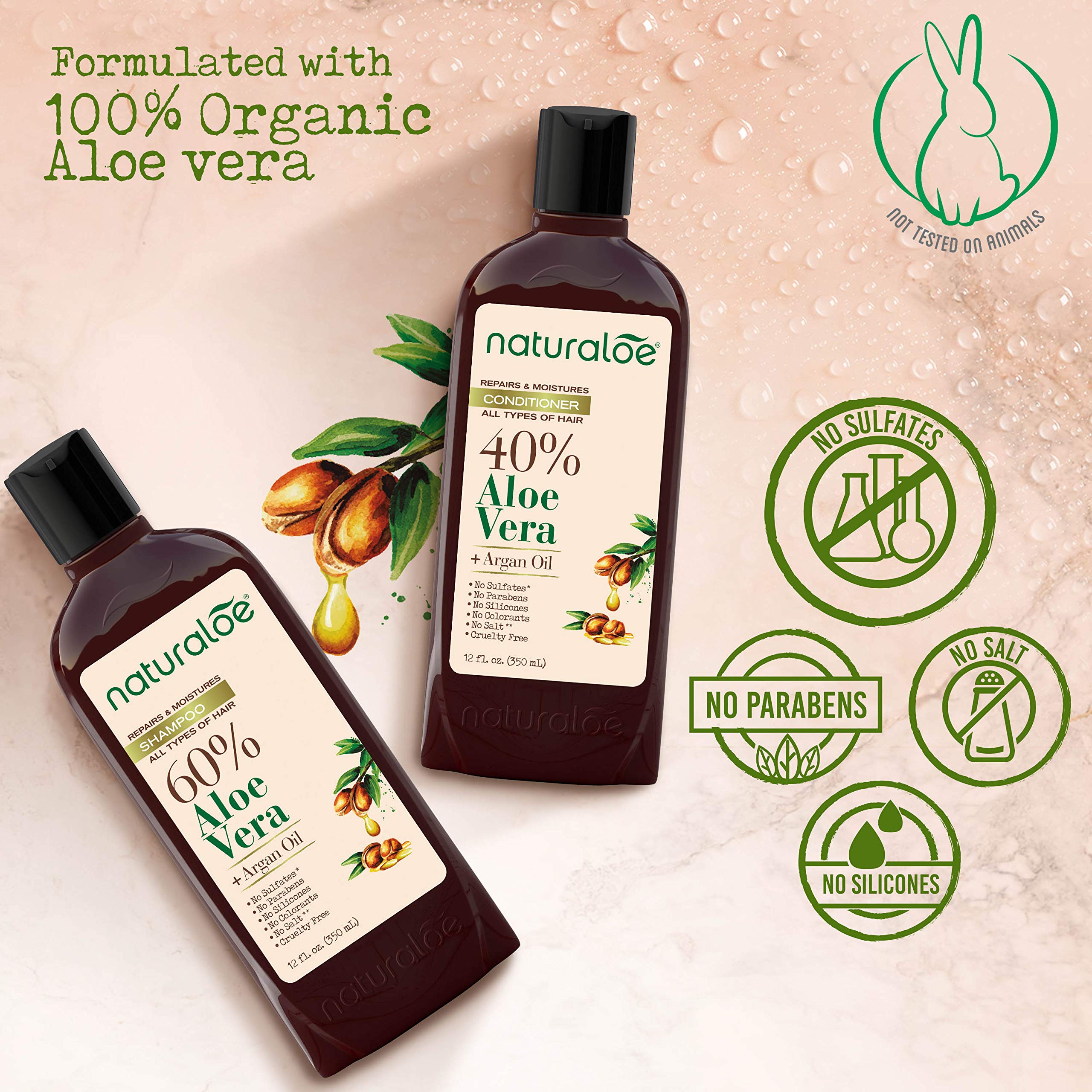 Naturaloe Repairs & Moistures Conditioner bottle demonstrates deep hydration for smooth hair.