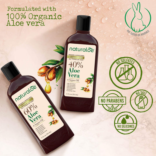 Naturaloe Repairs & Moistures Conditioner bottle demonstrates deep hydration for smooth hair.