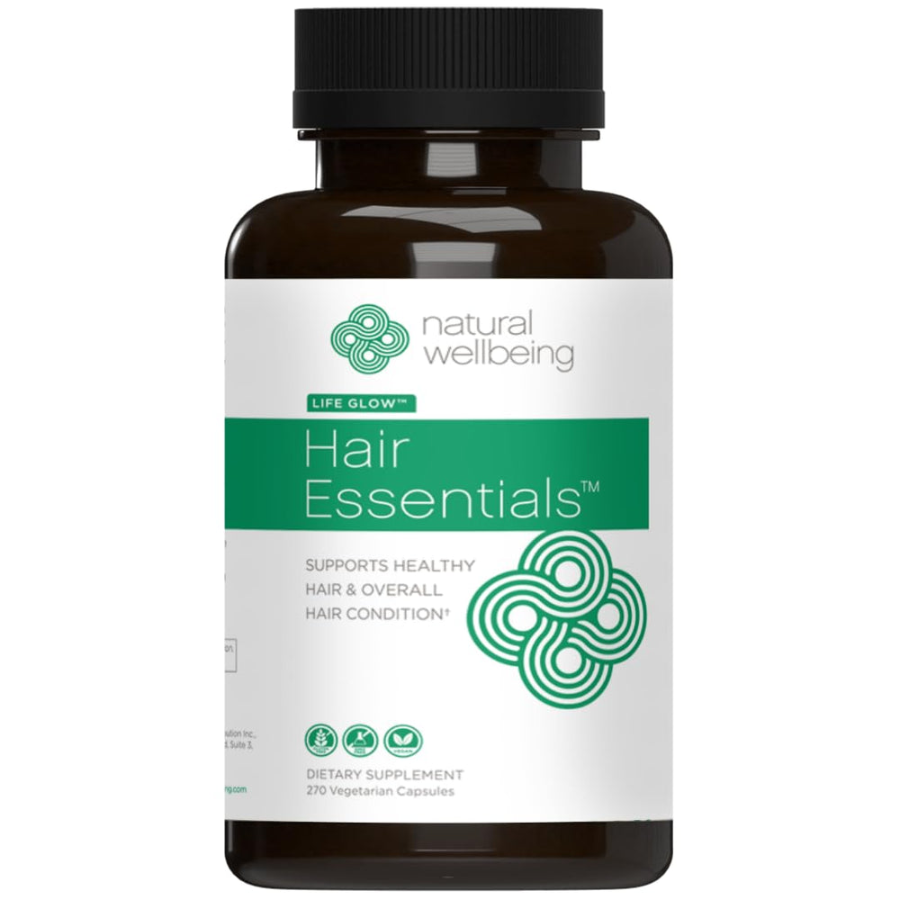 Natural Wellbeing Hair Essentials bottle front with capsules for fuller hair
