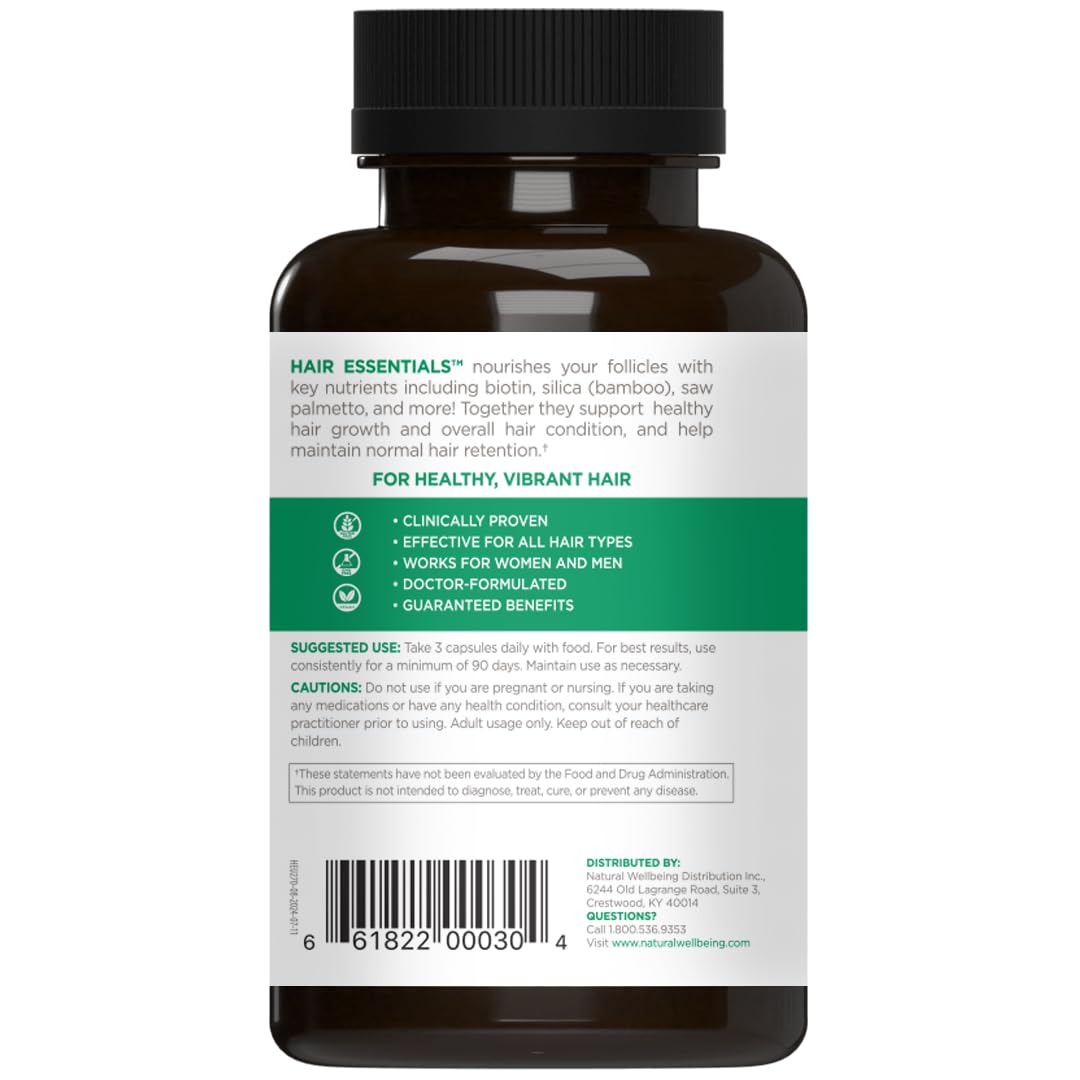 Natural Wellbeing Hair Essentials bottle label highlighting DHT support