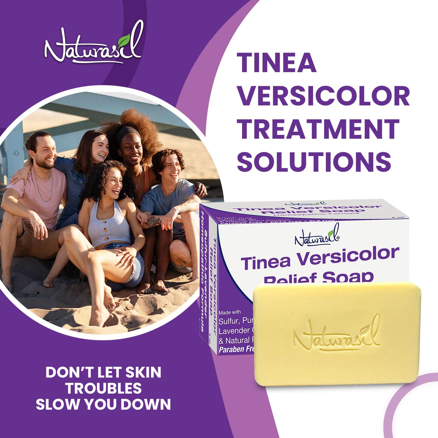 Naturasil Tinea Versicolor soap after-use sun exposure for pigment balance.