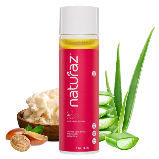 Naturaz Curl Defining Cream bottle closeup highlighting vegan, cruelty-free formula for defined curls.