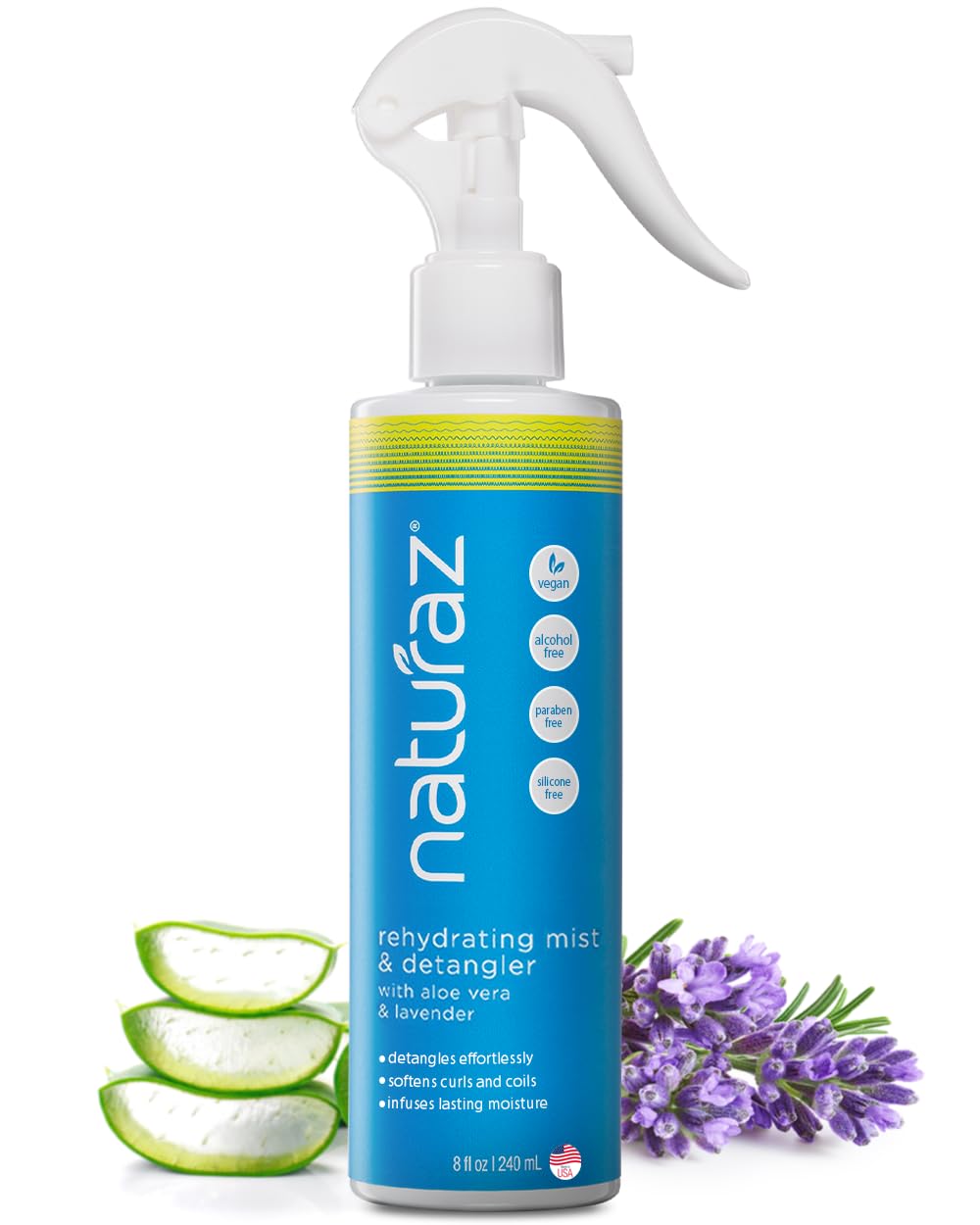 Naturaz Curly Hair Detangler Spray bottle ready for easy detangling.