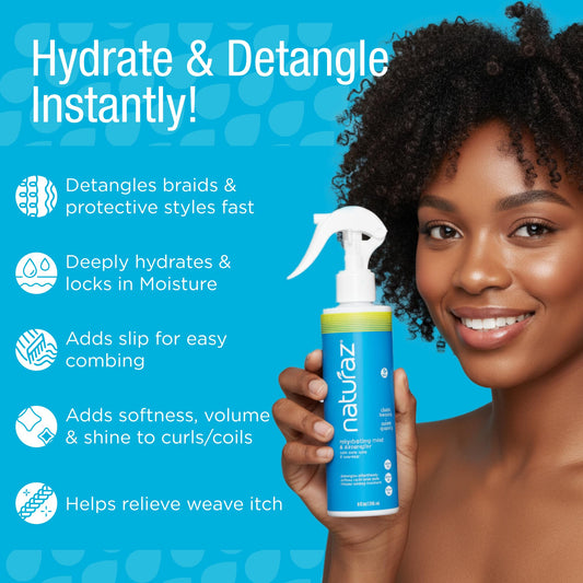Naturaz Curly Hair Detangler Spray pump dispenses hydration for curls.