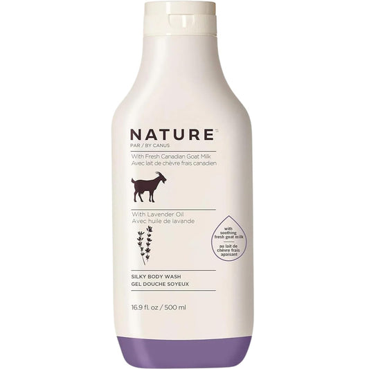 Nature by Canus Lavender Goat Milk Body Wash bottle, gentle cleanse for all skin types.
