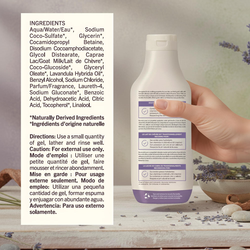 Nature by Canus Lavender Goat Milk Body Wash foam showing soothing hydration during showers.
