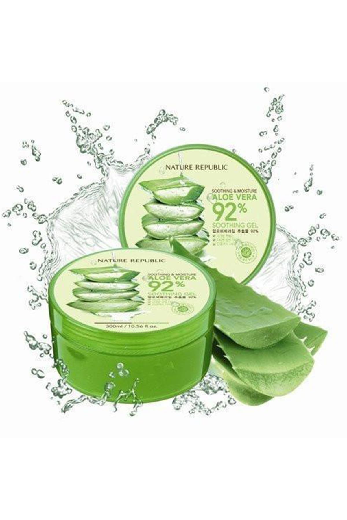 Nature Republic Aloe Gel 92% bottle close-up shows lightweight hydration without stickiness.