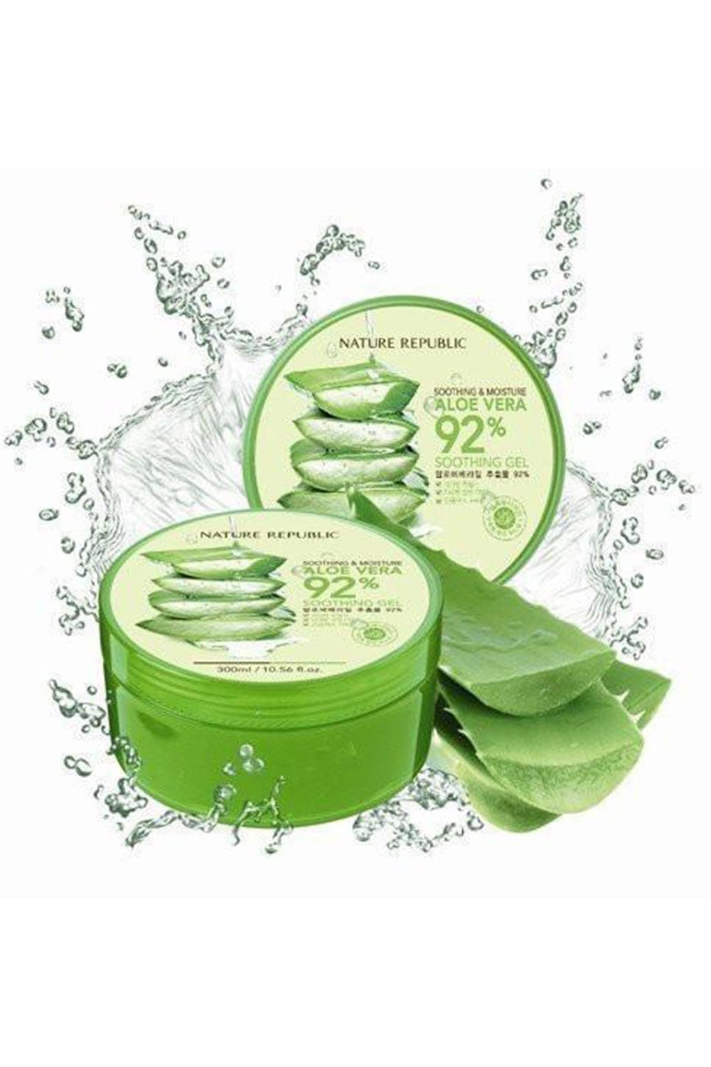 Nature Republic Aloe Gel 92% bottle close-up shows lightweight hydration without stickiness.