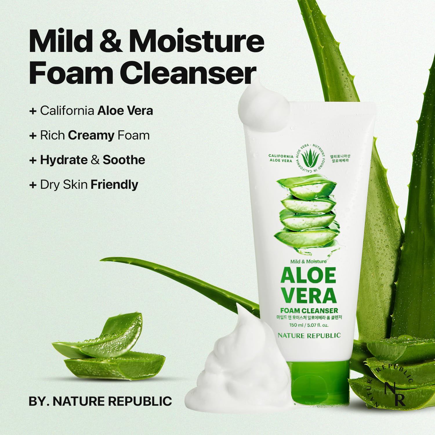 Nature Republic Aloe Vera Foam Cleanser texture close-up shows creamy foam for smooth cleansing.