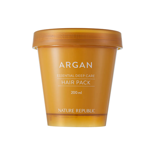 Nature Republic Argan Essential Deep Care Hair Pack bottle closeup showing nourishing formula.
