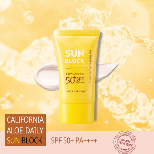 Nature Republic California Aloe Daily Sun Block packaging highlighting SPF 50+ PA++++ protection.