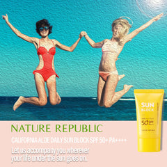 Travel-friendly Nature Republic California Aloe Daily Sun Block bottle for daily outdoor use.