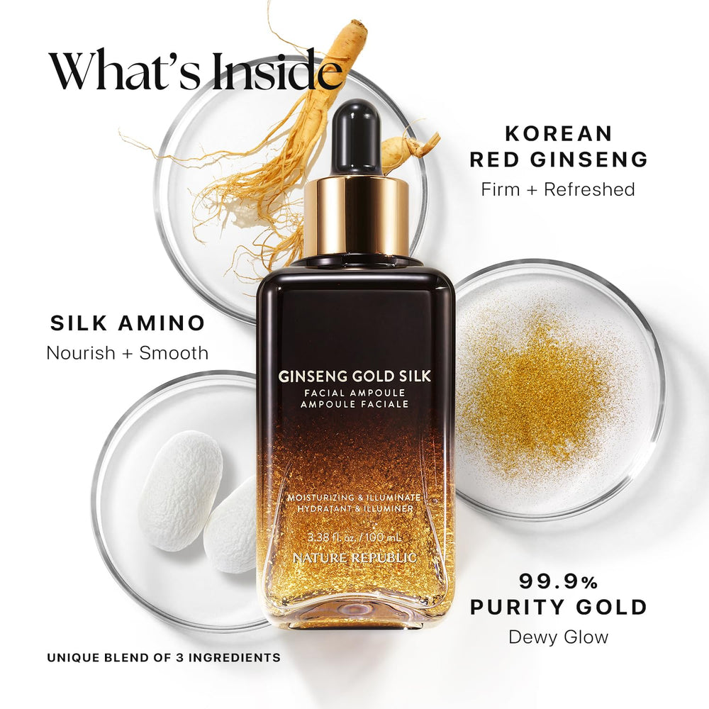 Nature Republic Ginseng Gold Silk Ampoule 6-year red ginseng root for revitalized look.