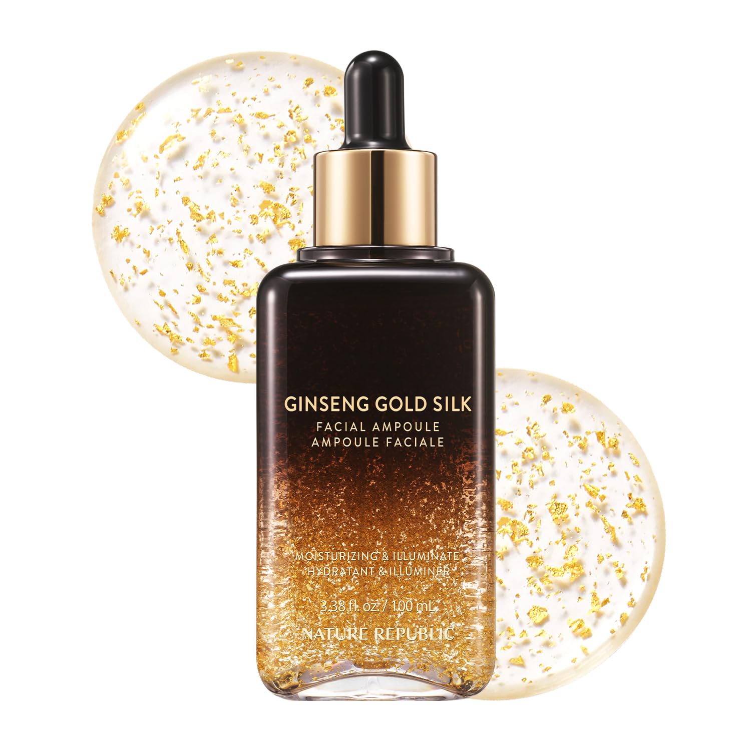 Nature Republic Ginseng Gold Silk Ampoule bottle offers hydrated, radiant skin.
