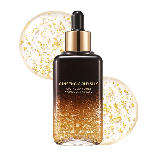 Nature Republic Ginseng Gold Silk Ampoule bottle offers hydrated, radiant skin.