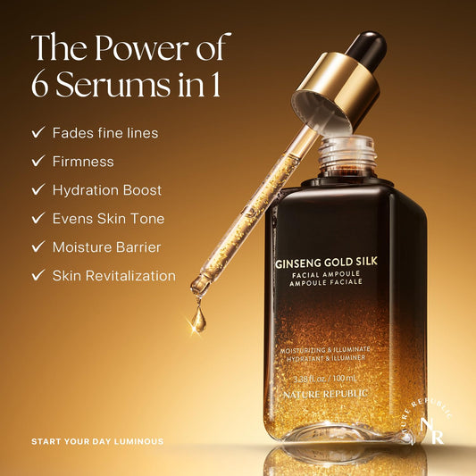 Nature Republic Ginseng Gold Silk Ampoule gold particles create a luxurious glow.