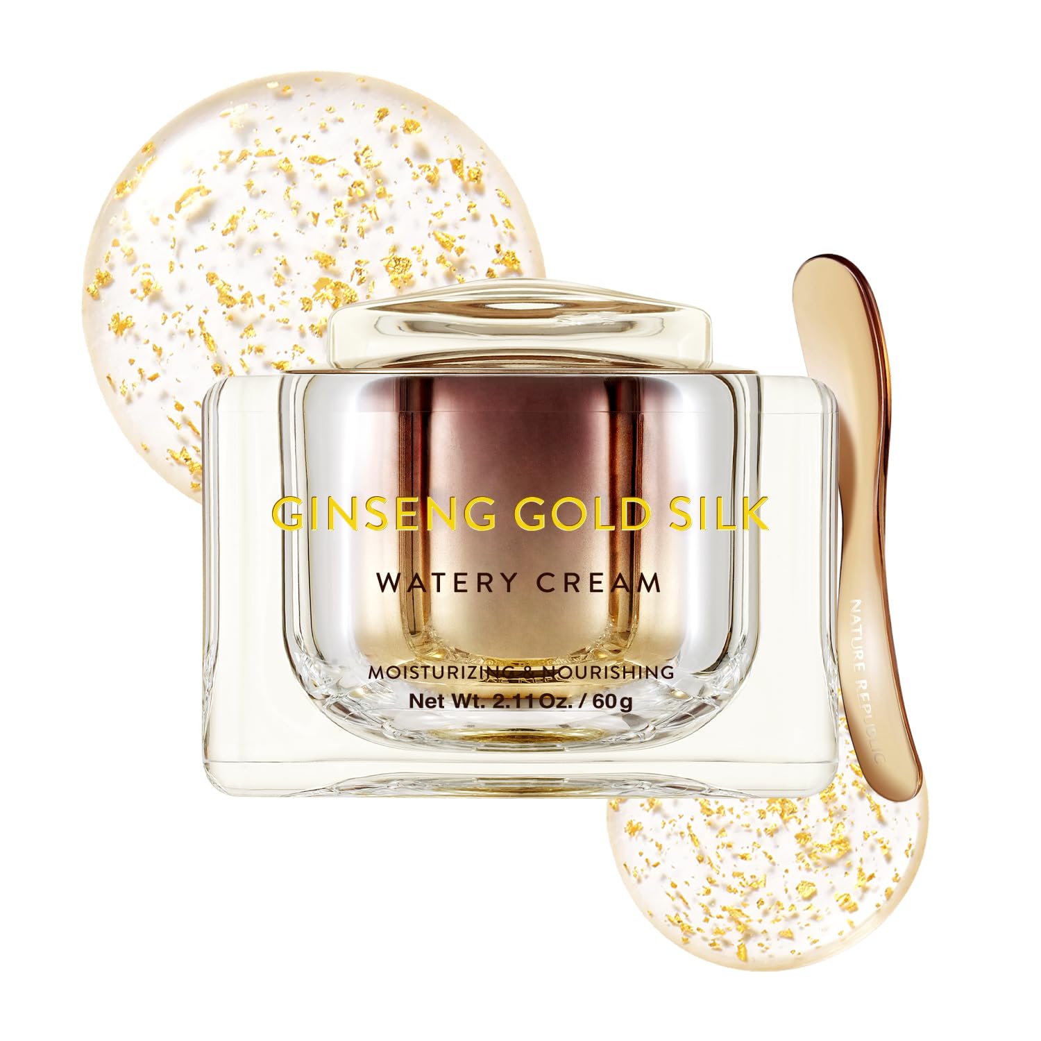 Nature Republic Ginseng Gold Silk Watery Cream jar showing luxurious hydration and subtle glow