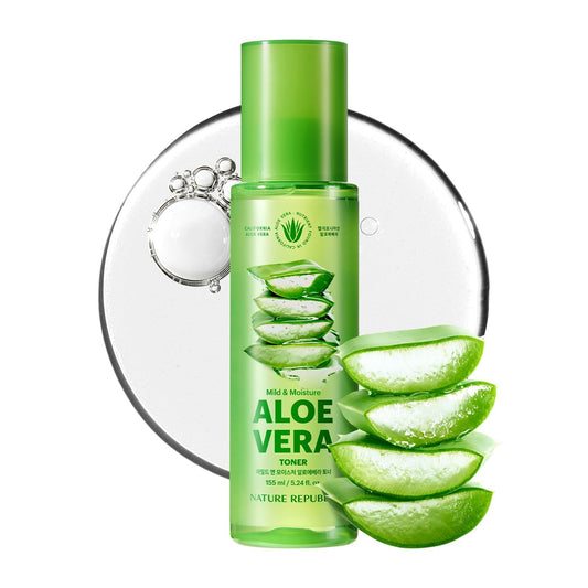 Nature Republic Mild & Moisture Aloe Vera Toner bottle delivers refreshing hydration for all skin types.