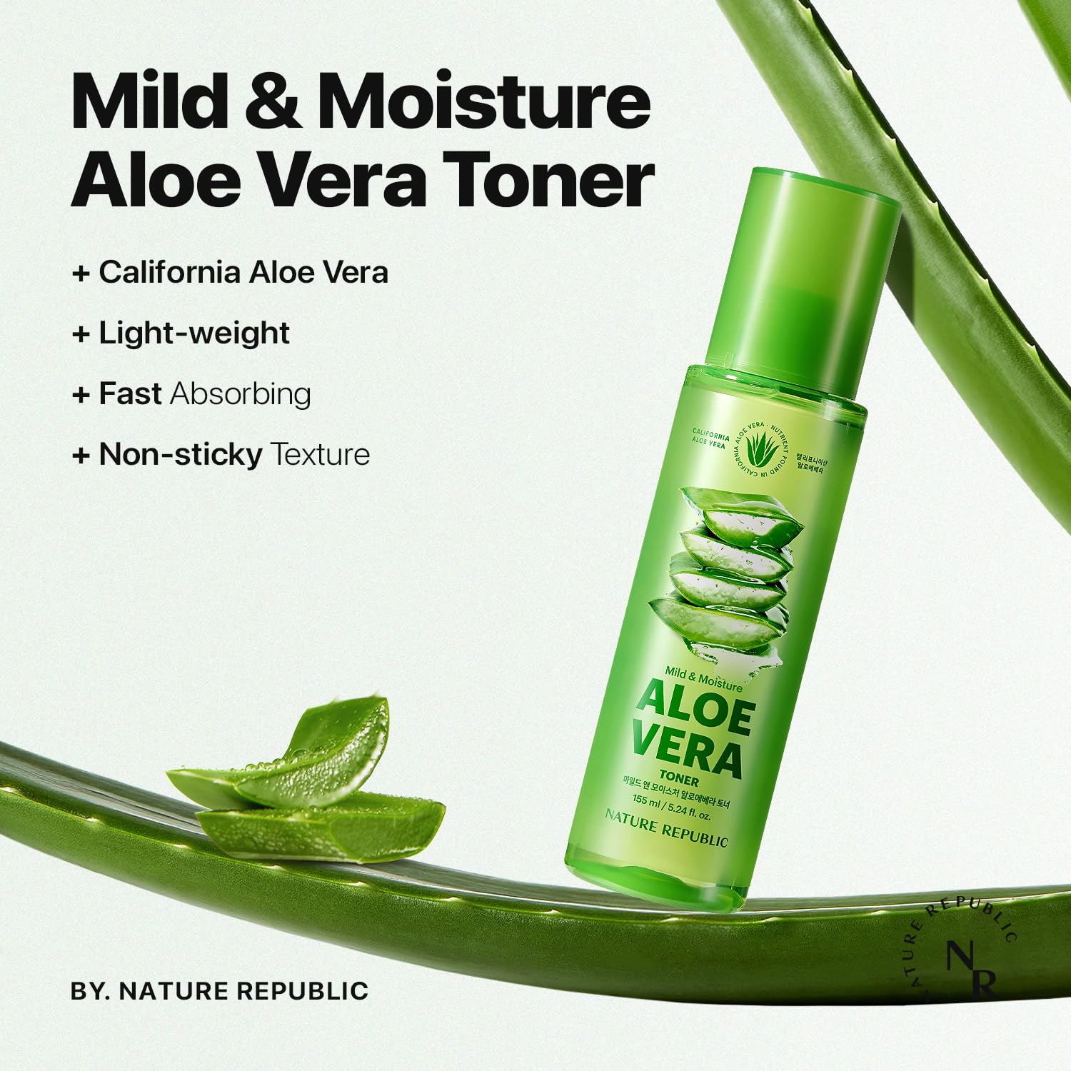 Nature Republic Mild & Moisture Aloe Vera Toner on cotton pad for soothing daily hydration.