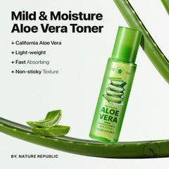 Nature Republic Mild & Moisture Aloe Vera Toner on cotton pad for soothing daily hydration.