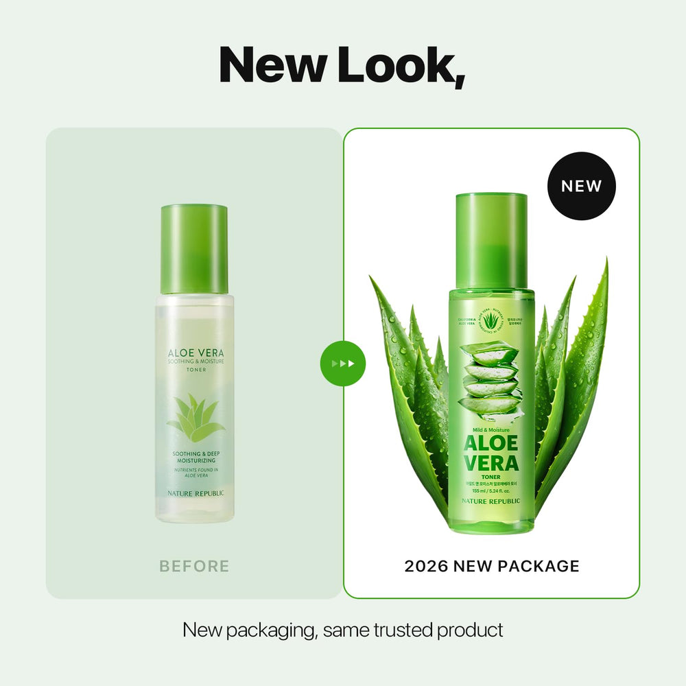 Nature Republic Aloe Vera Toner bottle close-up highlights quick-absorb, lightweight feel.