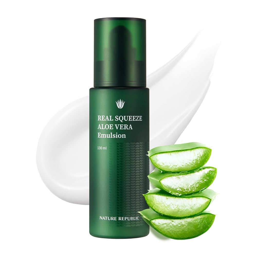 Nature Republic Real Squeeze Aloe Vera Emulsion bottle illustrates fast-absorbing hydration for all skin types.