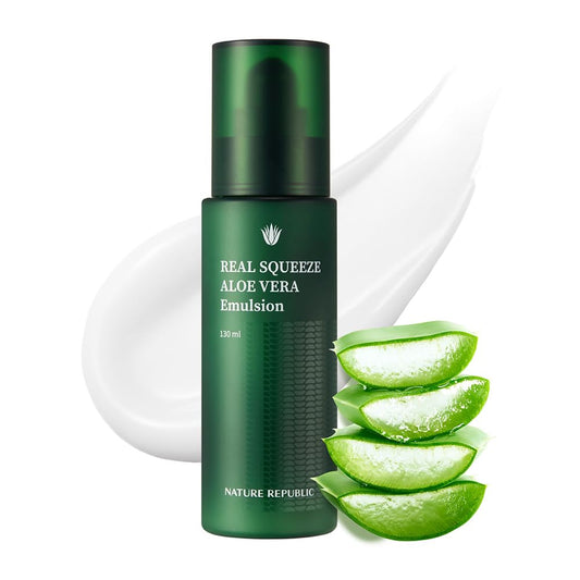 Nature Republic Real Squeeze Aloe Vera Emulsion bottle illustrates fast-absorbing hydration for all skin types.