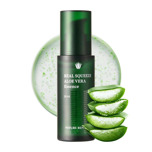 Nature Republic Real Squeeze Aloe Vera Essence bottle provides lightweight hydration.