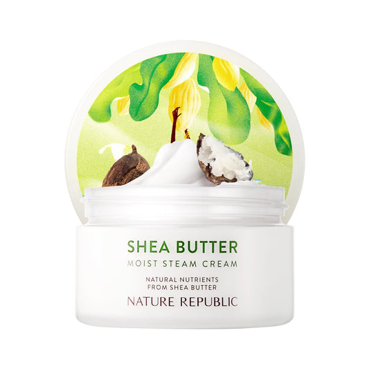 Nature Republic Shea Butter Steam Cream bottle front showing rich hydration potential.