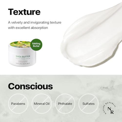 Hand holding Nature Republic Shea Butter Steam Cream for daily use demonstration.