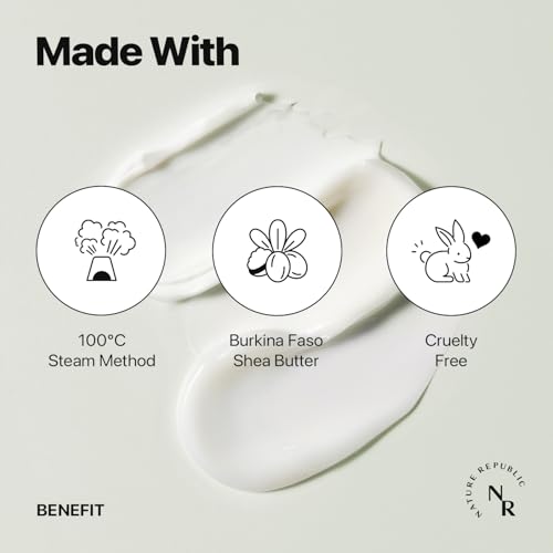 Jar close-up of Nature Republic Shea Butter Steam Cream with soft emulsion texture.