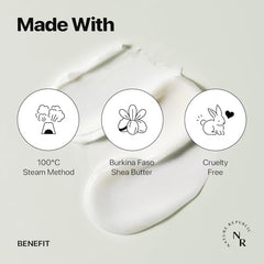 Jar close-up of Nature Republic Shea Butter Steam Cream with soft emulsion texture.