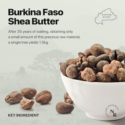 Packaging and label detail of Nature Republic Shea Butter Steam Cream.