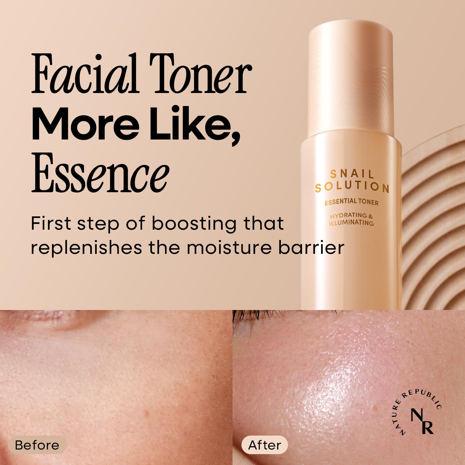 Nature Republic Snail Mucin Toner lifestyle shot suggests daily skincare routine.