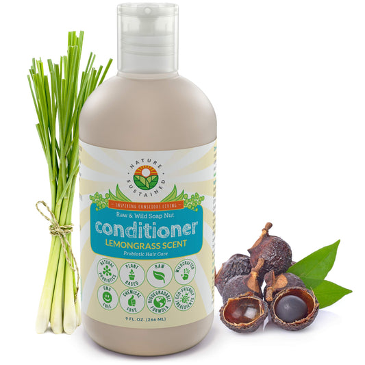 Nature Sustained lemongrass conditioner bottle promotes hydration and natural shine.