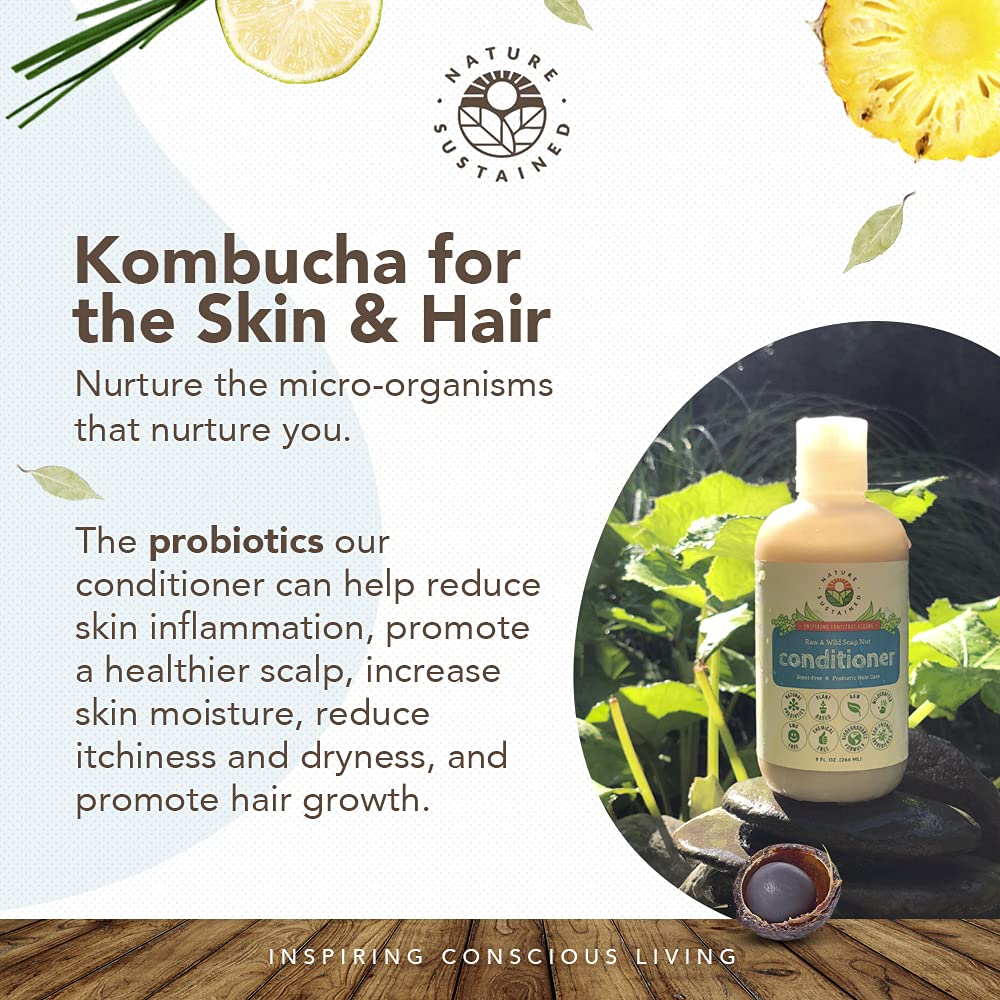 Nature Sustained conditioner lemongrass ingredients highlight probiotics for scalp care.
