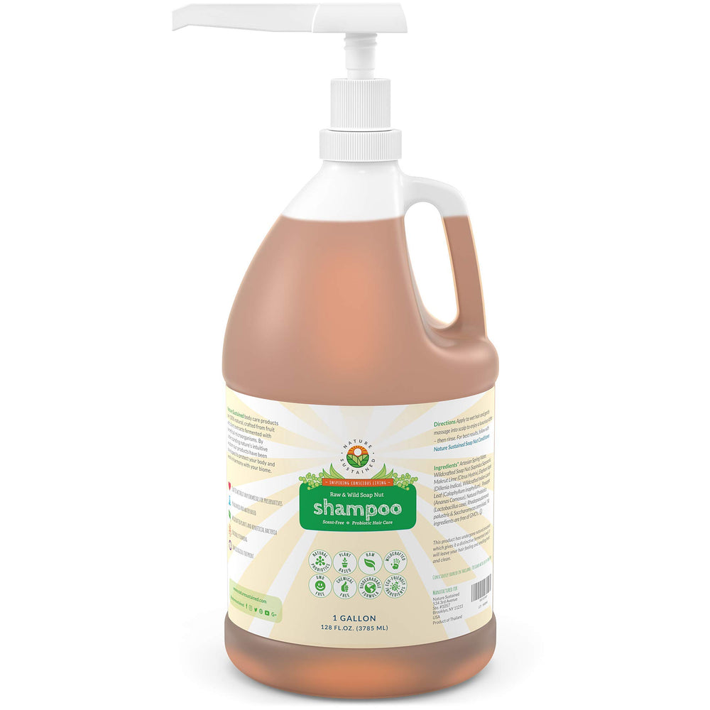 Nature Sustained gallon shampoo with pump for easy refills and shower use.