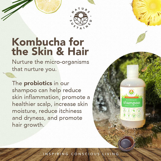 Nature Sustained soapberry shampoo bottle shows natural lather and probiotic benefits.
