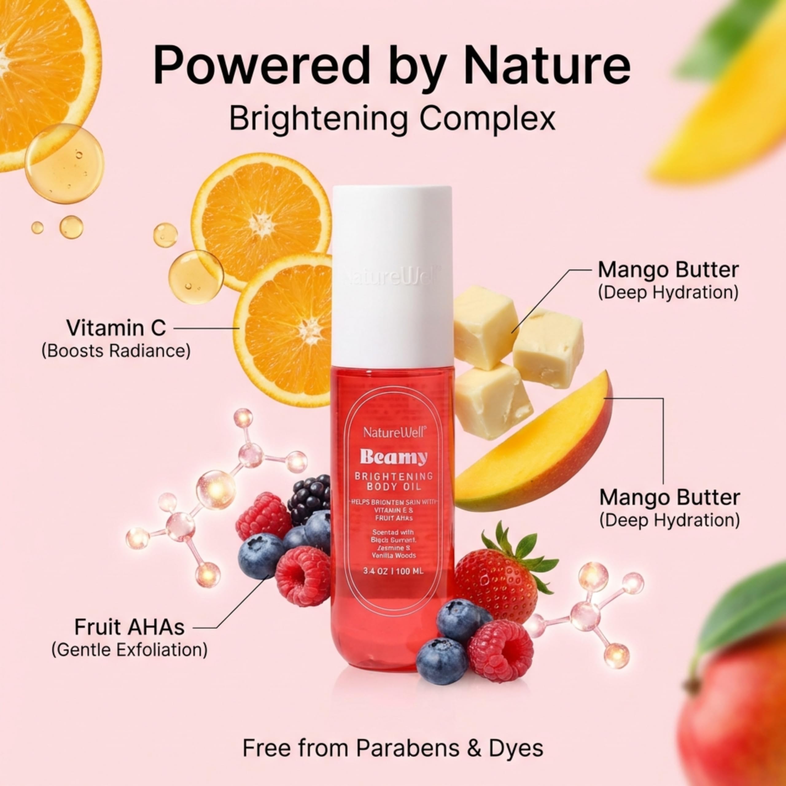 NATURE WELL Beamy Brightening Body Oil contains fruit AHA for gentle renewal.