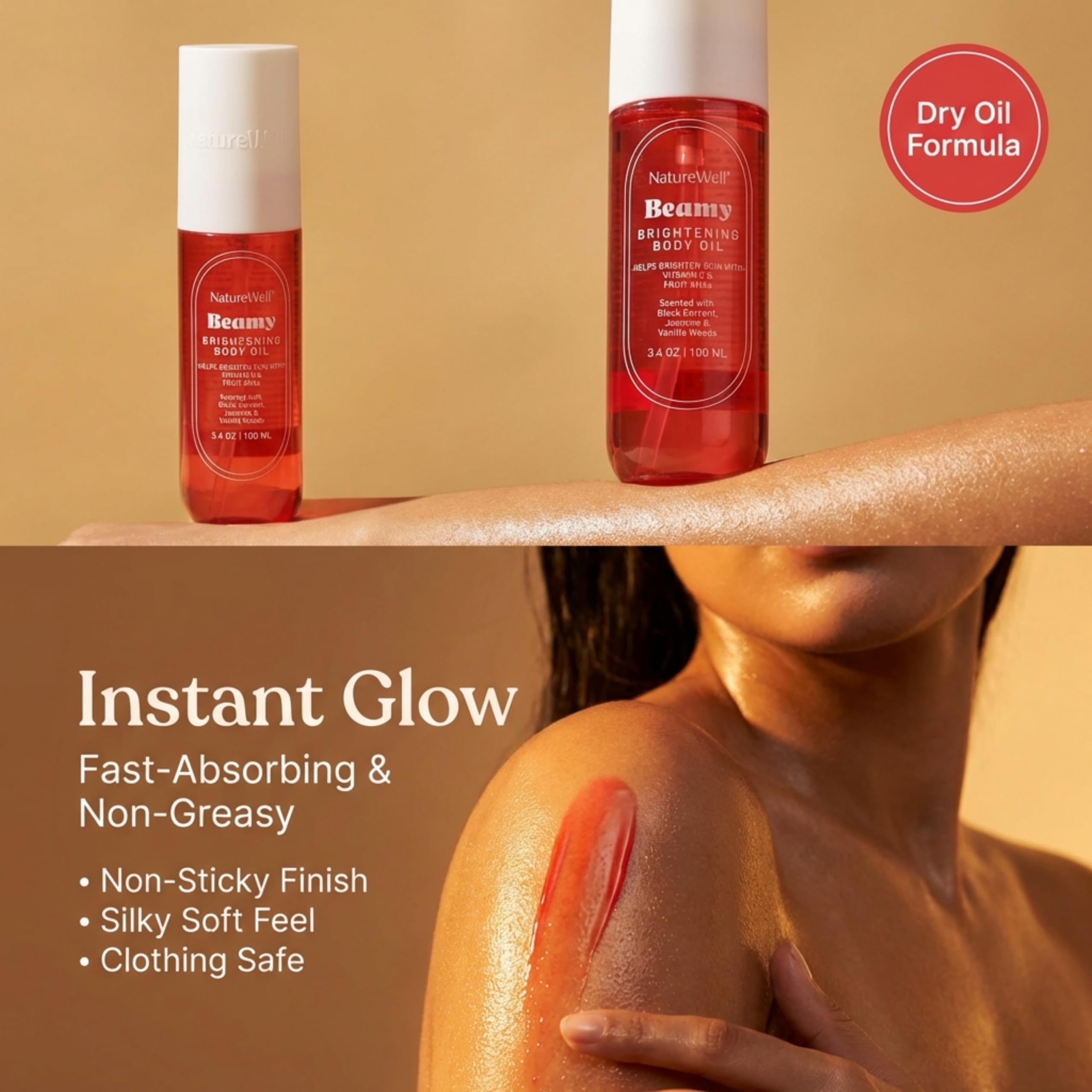 NATURE WELL Beamy Brightening Body Oil silk texture glides smoothly into skin.
