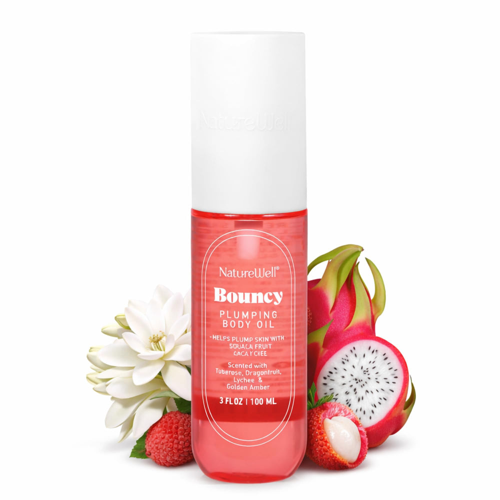 Nature Well Bouncy Plumping Body Oil bottle showing sleek packaging and quick-absorbing hydration.