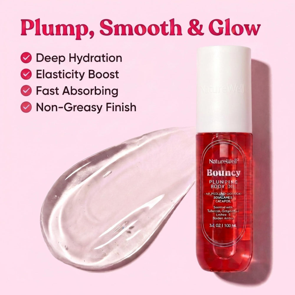 Nature Well Bouncy Plumping Body Oil ingredient cacay oil highlighting nourishing profile.