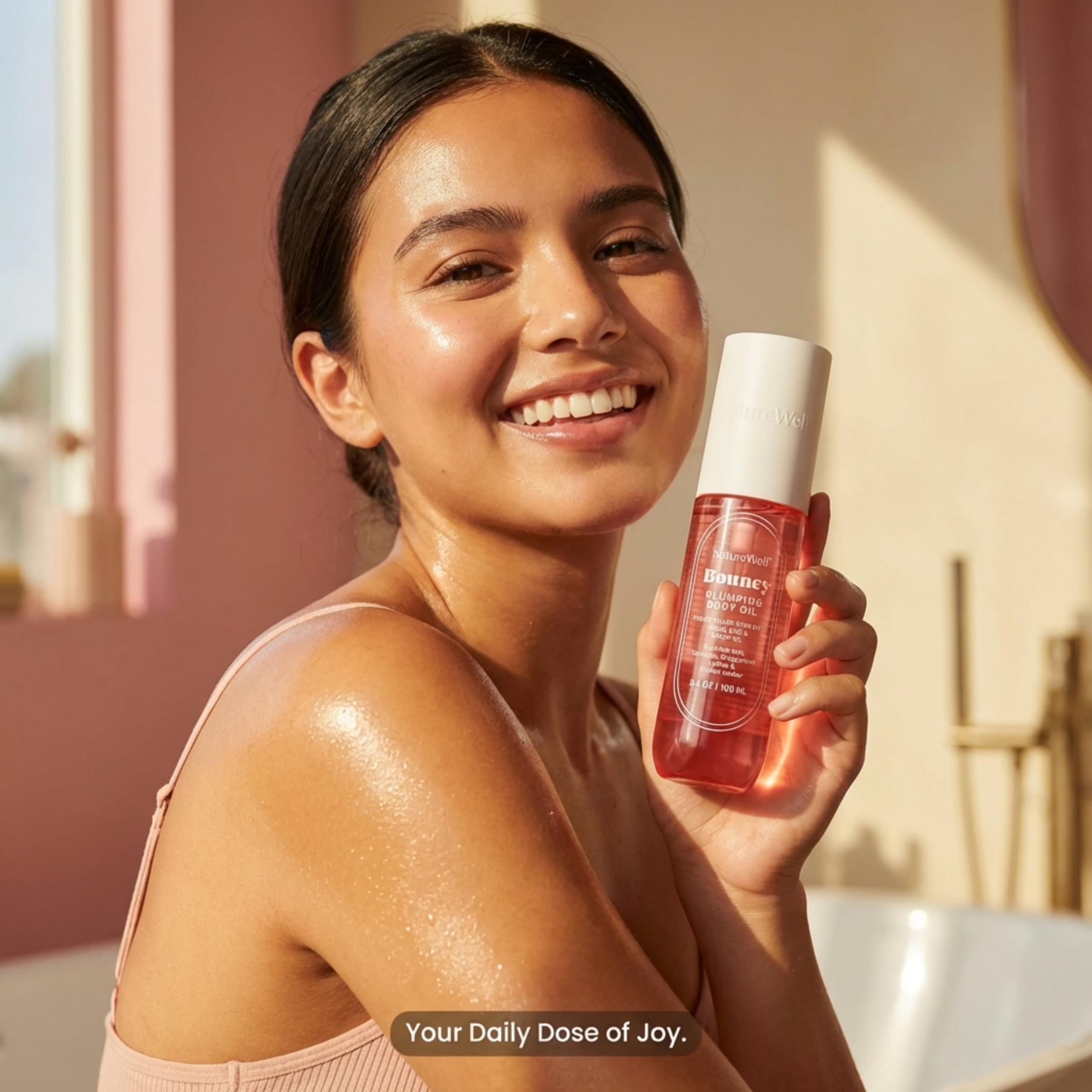 Nature Well Bouncy Plumping Body Oil packaging on a shelf signaling premium clean skincare.
