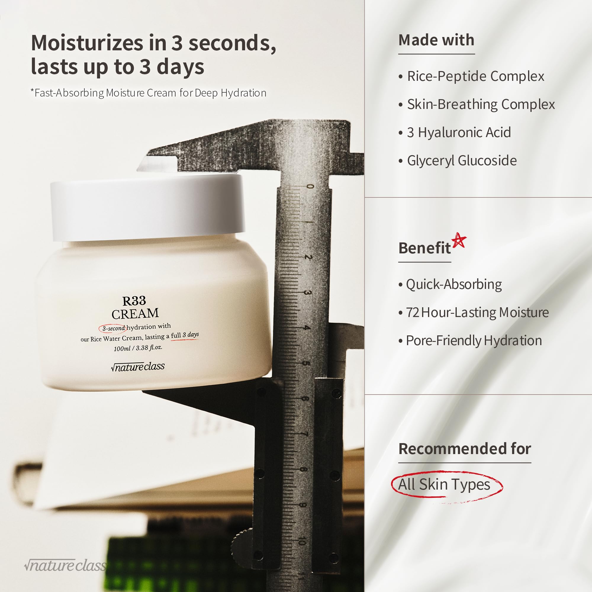 NatureClass R33 label close-up showing fragrance-free formula for sensitive skin.