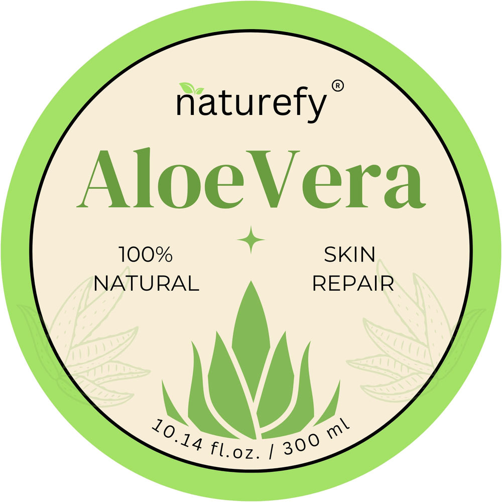 Naturefy Aloe Vera Gel ingredients label featuring Jojoba Oil and Vitamin E for enhanced moisture.