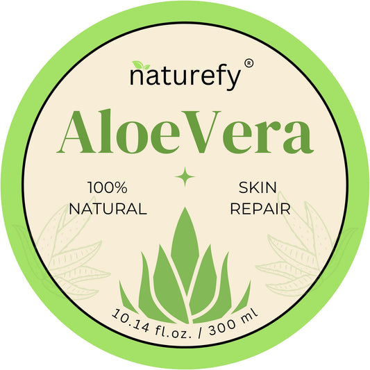 Naturefy Aloe Vera Gel ingredients label featuring Jojoba Oil and Vitamin E for enhanced moisture.