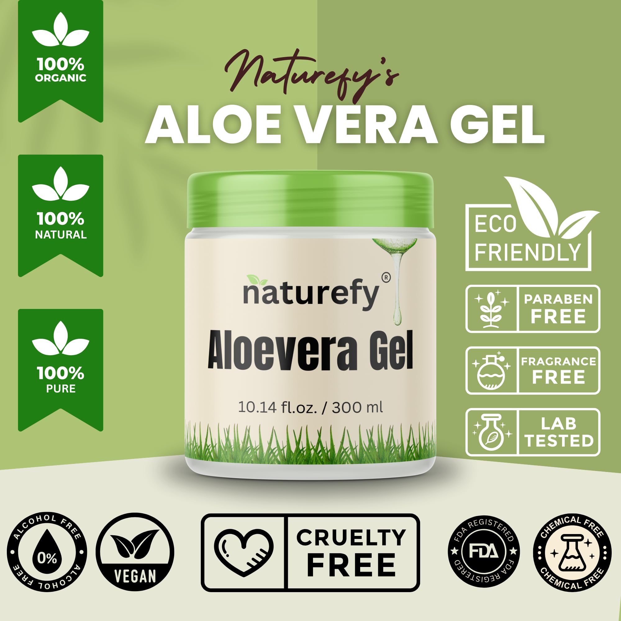 Naturefy Aloe Vera Gel texture swirl close-up highlighting cooling, non-greasy feel.
