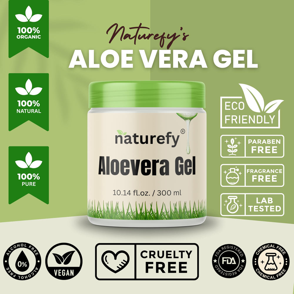 Naturefy Aloe Vera Gel texture swirl close-up highlighting cooling, non-greasy feel.