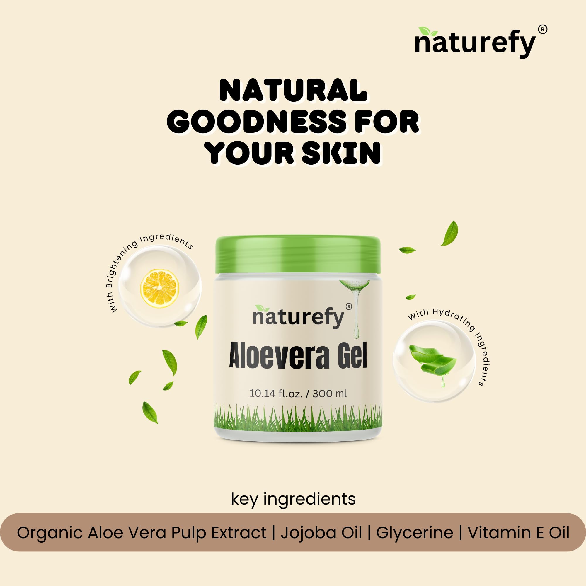 Naturefy Aloe Vera Gel bottle beside natural ingredients for vegan skincare.