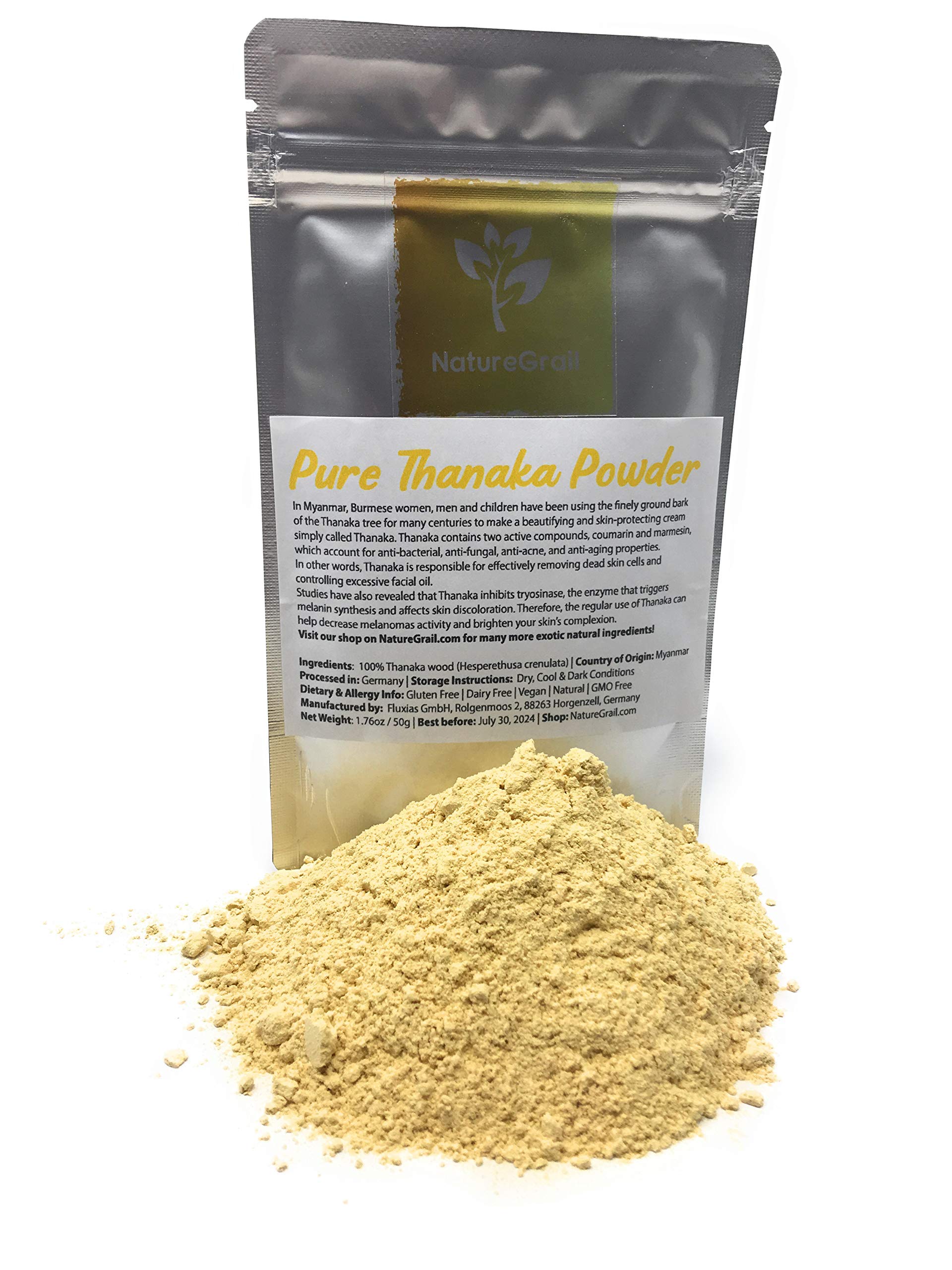 Net weight 50g displayed on Naturegrail Thanaka powder packaging.